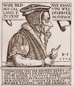 Johannes Calvin um 1574 mit Schriftrolle